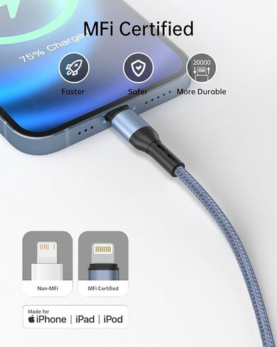 شاحن iPhone [معتمد من Apple MFi]، 2 حزمة من كابل USB C إلى Lightning مجدول من النايلون بطول 6 أقدام متوافق مع iPhone 14 13 12 11 Pro Max XS XR X 8 7 6 Plus SE iPad in Kuwait
