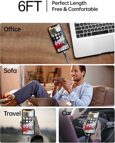 شاحن iPhone [معتمد من Apple MFi]، 2 حزمة من كابل USB C إلى Lightning مجدول من النايلون بطول 6 أقدام متوافق مع iPhone 14 13 12 11 Pro Max XS XR X 8 7 6 Plus SE iPad in Kuwait