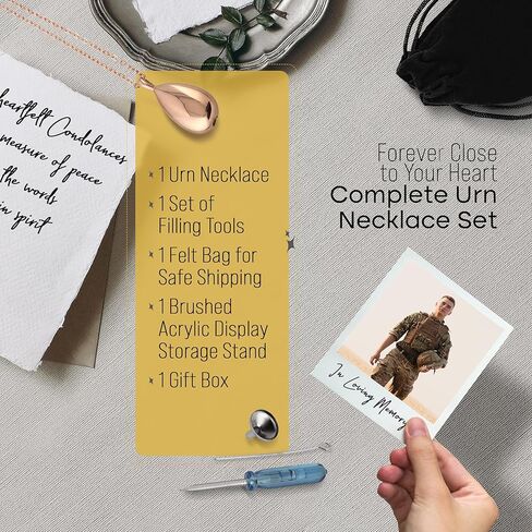 Urn Necklace for Ashes w/Brushed Acrylic Stand - Elegant Urn Pendant - Stainless Steel Cremation Jewelry in Rose Gold, Black, or Silver, Display Stand Memorial Necklace Gift for Loved Ones & Pets in Kuwait