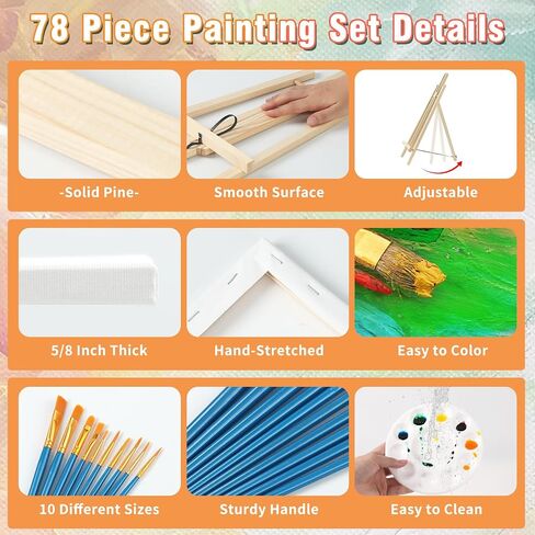 Easels with Canvas Set 78 Pcs Paint and Sip Kit with12Inch Easels& 8x10 Stretched Canvas Painting Supplies with Easels Paint Night Kit,Paint Party Set,Painting Set for Adults/Kids in Saudi Arabia