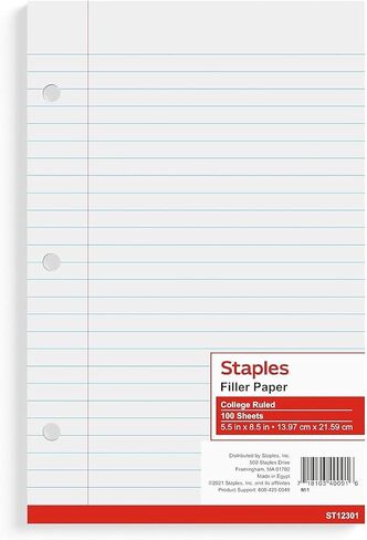 Staples 200055 College Ruled Filler Paper 5 1/2-Inch x 8 1/2-Inch 100/Pack (12301M) in Saudi Arabia