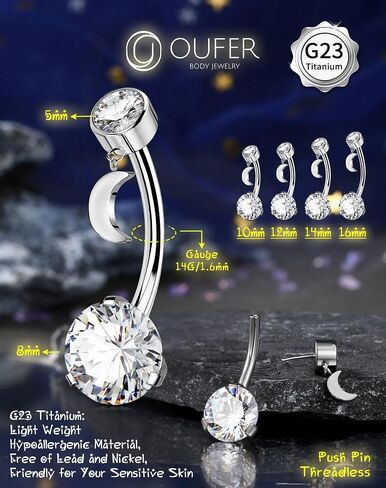 OUFER G23 Solid Titanium Belly Button Rings, Threadless Push In Belly Rings For Women, Dangle Belly Button Piercing, Clear CZ Navel Piercing Jewelry, Long Belly Piercing Jewelry in Saudi Arabia