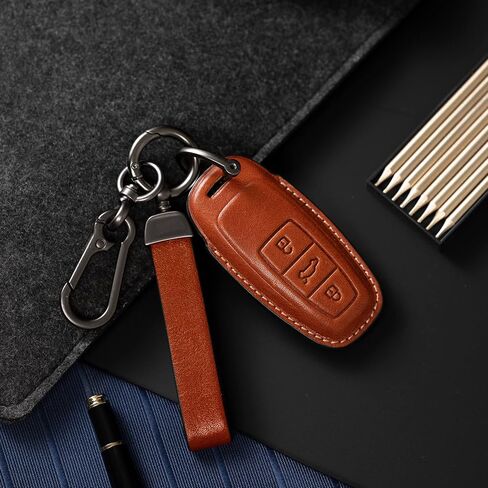 Smyfob Audi Key Fob Cover Brown Leather Lanyard Keychain Holder Car Key Case Accessories A6 A7 A8 Q7 Q8 R8 e-tron GT RS5 RS6 Avant RS7 S6 S7 Sportback S8 SQ7 SQ8 Quattro in Saudi Arabia