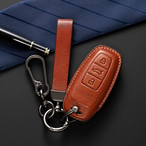 Smyfob Audi Key Fob Cover Brown Leather Lanyard Keychain Holder Car Key Case Accessories A6 A7 A8 Q7 Q8 R8 e-tron GT RS5 RS6 Avant RS7 S6 S7 Sportback S8 SQ7 SQ8 Quattro in Saudi Arabia