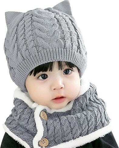 Bienvenu قبعة شتوية للأطفال الأولاد والبنات، قبعة صغيرة للقطط الصغيرة مع وشاح، قبعة محبوكة مبطنة بالصوف لتدفئة الرقبة للأطفال قطعتين in Kuwait