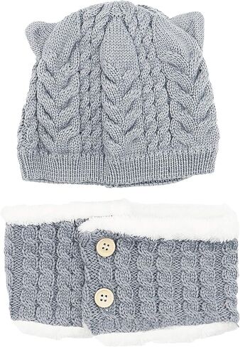 Bienvenu قبعة شتوية للأطفال الأولاد والبنات، قبعة صغيرة للقطط الصغيرة مع وشاح، قبعة محبوكة مبطنة بالصوف لتدفئة الرقبة للأطفال قطعتين in Kuwait