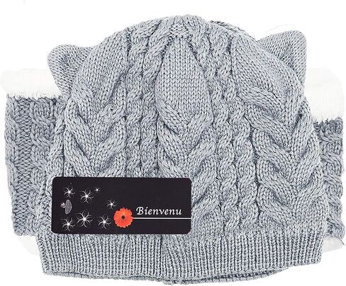 Bienvenu قبعة شتوية للأطفال الأولاد والبنات، قبعة صغيرة للقطط الصغيرة مع وشاح، قبعة محبوكة مبطنة بالصوف لتدفئة الرقبة للأطفال قطعتين in Kuwait