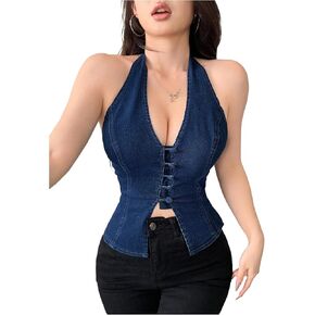 GORGLITTER Women's Y2K Denim Vest Halter Top Button Front Bow Backless Sleeveless Jean Shirts Western Going Out Top in Saudi Arabia