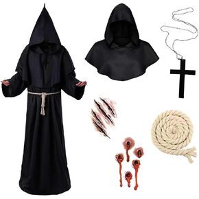 Men Friar Medieval Monk Robe Renaissance Priest Hooded Cloak Halloween Costume Cosplay for Adult(Black) in Saudi Arabia