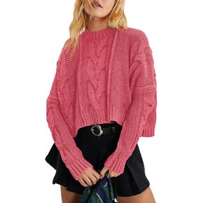 Panadila Womens Cropped Sweater Crew Neck Cable Knit Sweater Ribbed Long Sleeve Top Soft Boxy Pullover (Apricot,S) in Kuwait