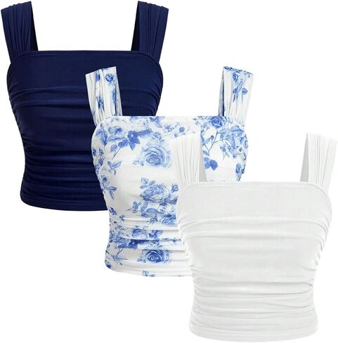 WDIRARA Women's 3 Pack Floral Mesh Ruched Tank Tops Square Neck Sleeveless Crop Top in Saudi Arabia