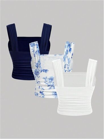WDIRARA Women's 3 Pack Floral Mesh Ruched Tank Tops Square Neck Sleeveless Crop Top in Saudi Arabia