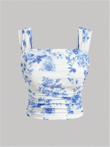 WDIRARA Women's 3 Pack Floral Mesh Ruched Tank Tops Square Neck Sleeveless Crop Top in Saudi Arabia