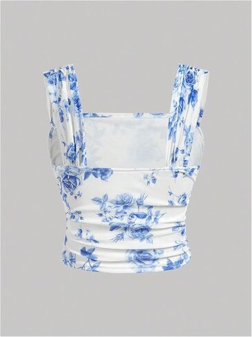 WDIRARA Women's 3 Pack Floral Mesh Ruched Tank Tops Square Neck Sleeveless Crop Top in Saudi Arabia