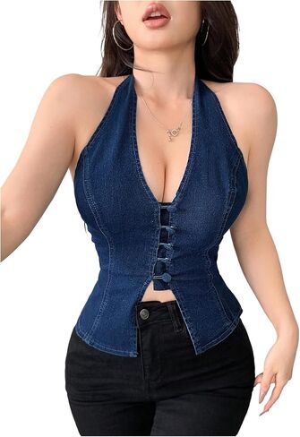 GORGLITTER Women's Y2K Denim Vest Halter Top Button Front Bow Backless Sleeveless Jean Shirts Western Going Out Top in Saudi Arabia