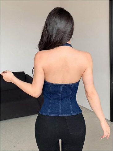 GORGLITTER Women's Y2K Denim Vest Halter Top Button Front Bow Backless Sleeveless Jean Shirts Western Going Out Top in Saudi Arabia
