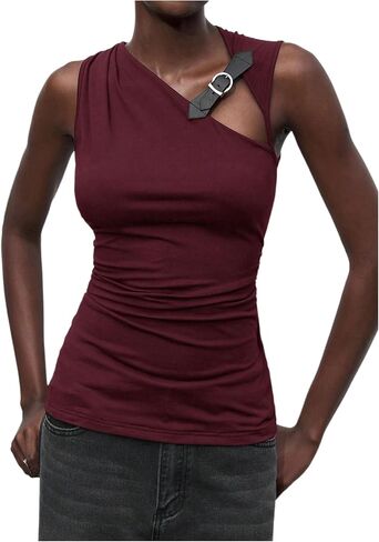 Milumia Women's Buckle Decor Cut Out Ruched Tank Top Asymmetrical Neck Sleeveless Fitted Tops in Saudi Arabia