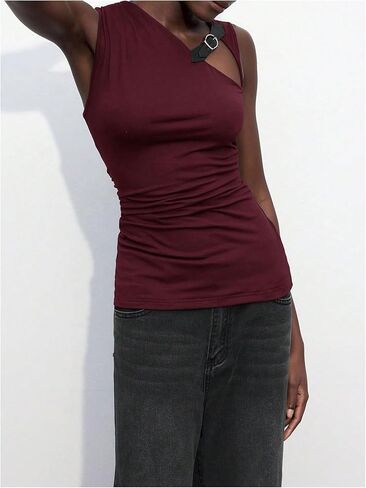 Milumia Women's Buckle Decor Cut Out Ruched Tank Top Asymmetrical Neck Sleeveless Fitted Tops in Saudi Arabia