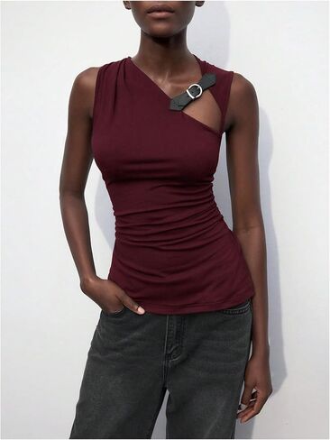 Milumia Women's Buckle Decor Cut Out Ruched Tank Top Asymmetrical Neck Sleeveless Fitted Tops in Saudi Arabia