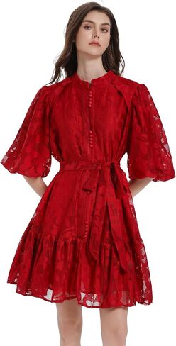 LAI MENG FIVE CATS Women's Lace Floral Puff Sleeve Ruffle Hem Stand Collar Button Loose Mini Dress in Saudi Arabia