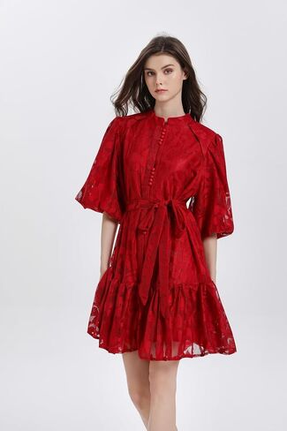 LAI MENG FIVE CATS Women's Lace Floral Puff Sleeve Ruffle Hem Stand Collar Button Loose Mini Dress in Saudi Arabia