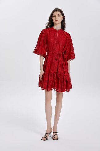 LAI MENG FIVE CATS Women's Lace Floral Puff Sleeve Ruffle Hem Stand Collar Button Loose Mini Dress in Saudi Arabia