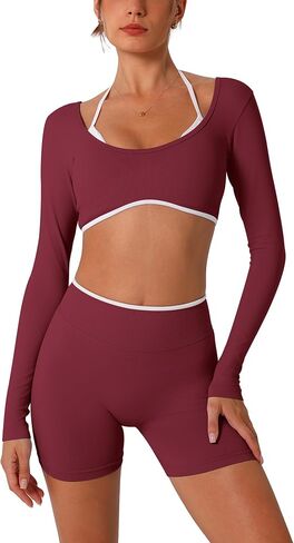 ABOCIW Workout Sets for Women 2 Piece Seamless Color Block Long Sleeve Crop Top Scrunch Butt High Waist Shorts Gym Set in Saudi Arabia