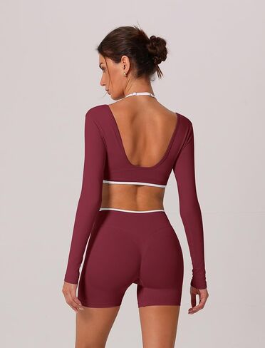 ABOCIW Workout Sets for Women 2 Piece Seamless Color Block Long Sleeve Crop Top Scrunch Butt High Waist Shorts Gym Set in Saudi Arabia