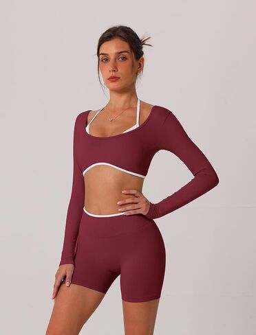 ABOCIW Workout Sets for Women 2 Piece Seamless Color Block Long Sleeve Crop Top Scrunch Butt High Waist Shorts Gym Set in Saudi Arabia