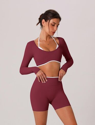 ABOCIW Workout Sets for Women 2 Piece Seamless Color Block Long Sleeve Crop Top Scrunch Butt High Waist Shorts Gym Set in Saudi Arabia