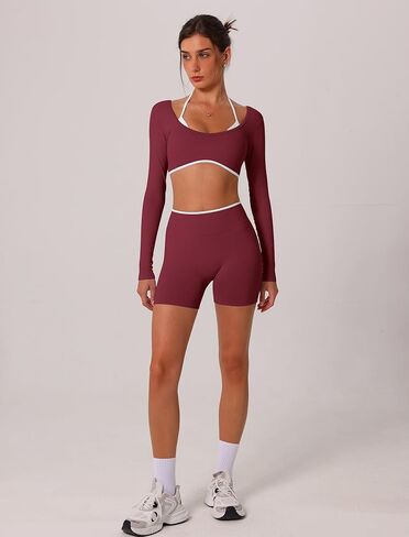 ABOCIW Workout Sets for Women 2 Piece Seamless Color Block Long Sleeve Crop Top Scrunch Butt High Waist Shorts Gym Set in Saudi Arabia