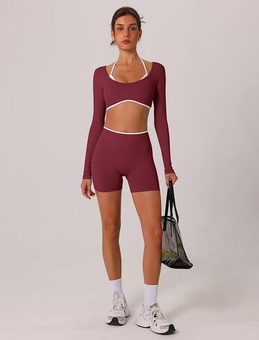 ABOCIW Workout Sets for Women 2 Piece Seamless Color Block Long Sleeve Crop Top Scrunch Butt High Waist Shorts Gym Set in Saudi Arabia