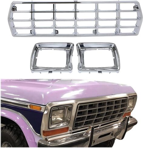 الشبكة الأمامية وإطار المصباح الأمامي من HECASA متوافق مع 1978-1979 Ford Bronco F100 F150 F250 F350 لاستبدال FO1200111 D8TZ8150C FO2513115 FO2512114 كروم فضي in Saudi Arabia