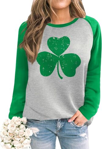 Womens St. Patrick's Raglan Long Sleeve Shirt Irish Shamrock Crewneck Sweatshirt in Saudi Arabia