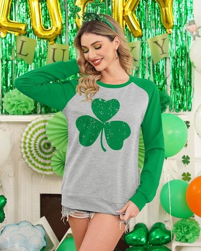 Womens St. Patrick's Raglan Long Sleeve Shirt Irish Shamrock Crewneck Sweatshirt in Saudi Arabia