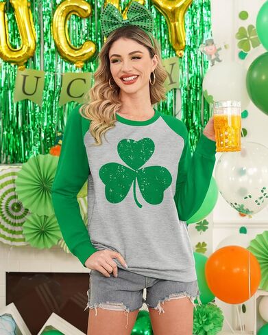 Womens St. Patrick's Raglan Long Sleeve Shirt Irish Shamrock Crewneck Sweatshirt in Saudi Arabia