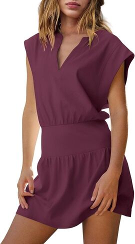 LAMISSCHE Womens Summer Mini Dress Cap Sleeve V Neck Dress High Waisted Cute Flowy Dresses Sundress in Saudi Arabia