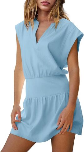 LAMISSCHE Womens Summer Mini Dress Cap Sleeve V Neck Dress High Waisted Cute Flowy Dresses Sundress in Saudi Arabia