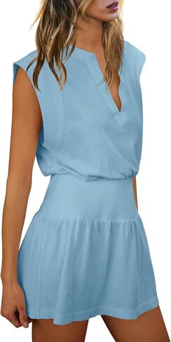 LAMISSCHE Womens Summer Mini Dress Cap Sleeve V Neck Dress High Waisted Cute Flowy Dresses Sundress in Saudi Arabia