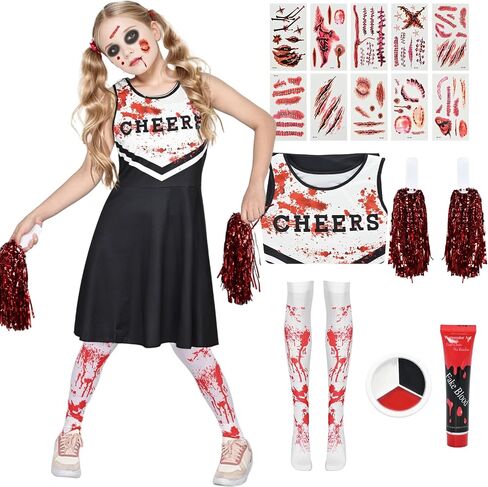 Kicpot Zombie Cheerleader Costumes Scary Halloween Costumes for Bloody Dress Fearleader Horror Cosplay Set in Kuwait