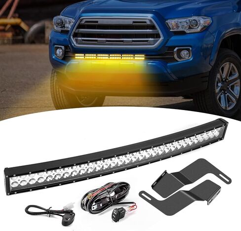 Wsays 32 inch 180W LED Amber/White Strobe Dual Rows Curved Light Bar with Wiring Harness Kit & Front Hidden Bumper Mounting Brackets Compatible with Toyota Tacoma 2016-2023 in Saudi Arabia