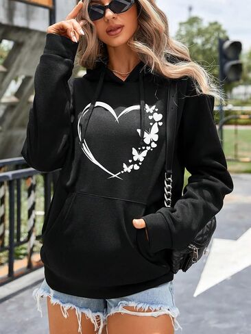 SweatyRocks Women's Graphic Print Drawstring Hoodie Pullover Lined Sweatshirt with Pocket in Saudi Arabia
