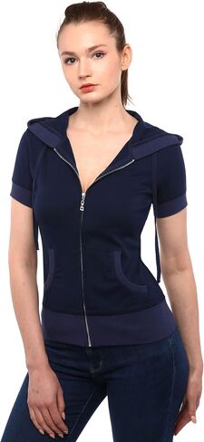 AmélieBoutik Women Cotton Blend Hoodie Zip Up Kangaroo Pocket Short Sleeve Jacket in Saudi Arabia