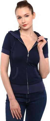 AmélieBoutik Women Cotton Blend Hoodie Zip Up Kangaroo Pocket Short Sleeve Jacket in Saudi Arabia