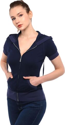 AmélieBoutik Women Cotton Blend Hoodie Zip Up Kangaroo Pocket Short Sleeve Jacket in Saudi Arabia
