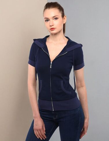 AmélieBoutik Women Cotton Blend Hoodie Zip Up Kangaroo Pocket Short Sleeve Jacket in Saudi Arabia