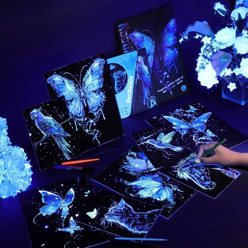 Gersoniel 8 ورقة خدش الورق الوهج noctilucent توهج في ورقة الطلاء Dark Rainbow مع 4 أدوات نقش الخدش الطبيعية للمراهقين الكبار الفنون هدية بطاقة DIY Creative Craft in Kuwait