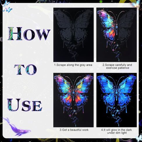 Gersoniel 8 ورقة خدش الورق الوهج noctilucent توهج في ورقة الطلاء Dark Rainbow مع 4 أدوات نقش الخدش الطبيعية للمراهقين الكبار الفنون هدية بطاقة DIY Creative Craft in Kuwait