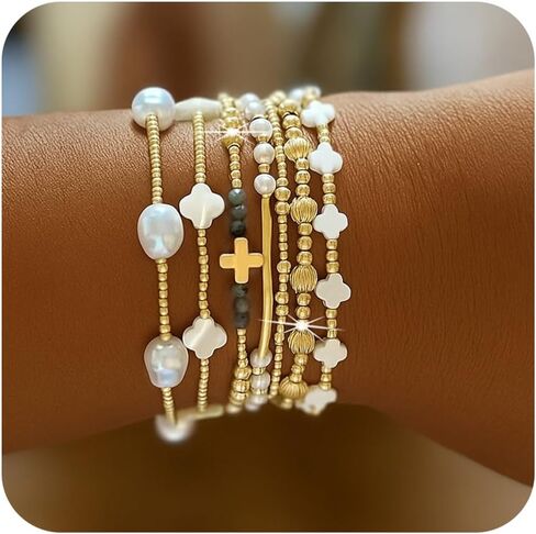 Gold Pearl Clover Shell Cross Bracelets for Women 7PCS Handmade Boho Beaded Bracelet Stack Stretch Stackable Gold Plated Beads Jewelry Accessories Trendy Birthday Prom Friendship Gift in Saudi Arabia