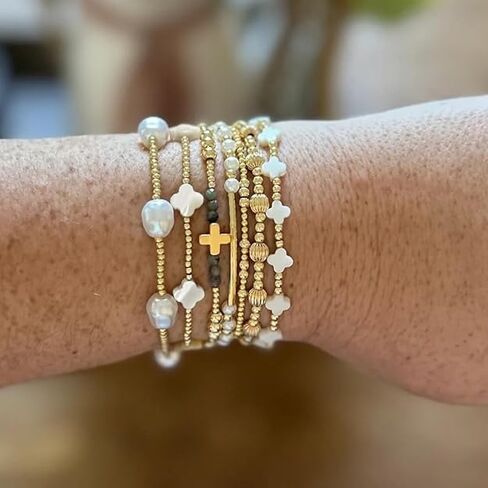 Gold Pearl Clover Shell Cross Bracelets for Women 7PCS Handmade Boho Beaded Bracelet Stack Stretch Stackable Gold Plated Beads Jewelry Accessories Trendy Birthday Prom Friendship Gift in Saudi Arabia